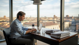 Un imprenditore gestisce la propria attività da un moderno ufficio digitale.