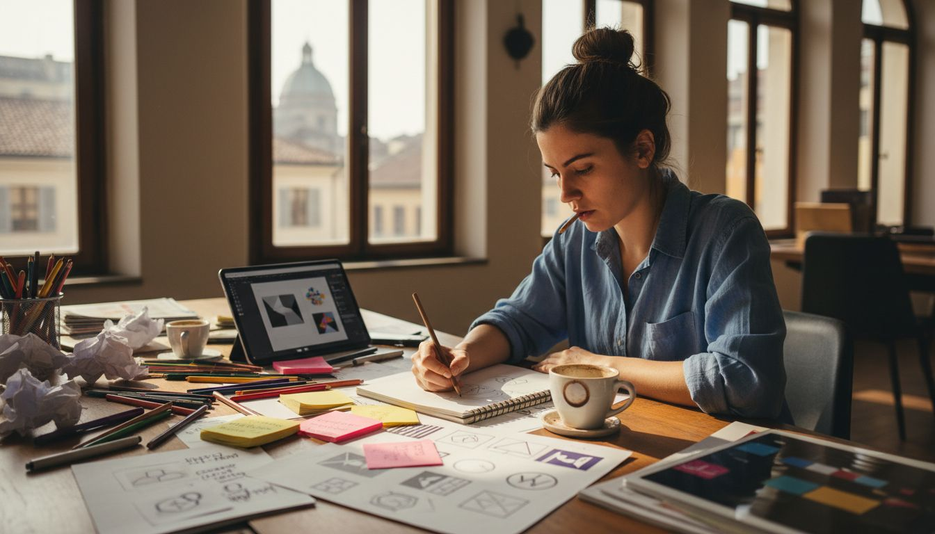 Un designer abbozza nuove idee per il logo nell’ufficio all’angolo.